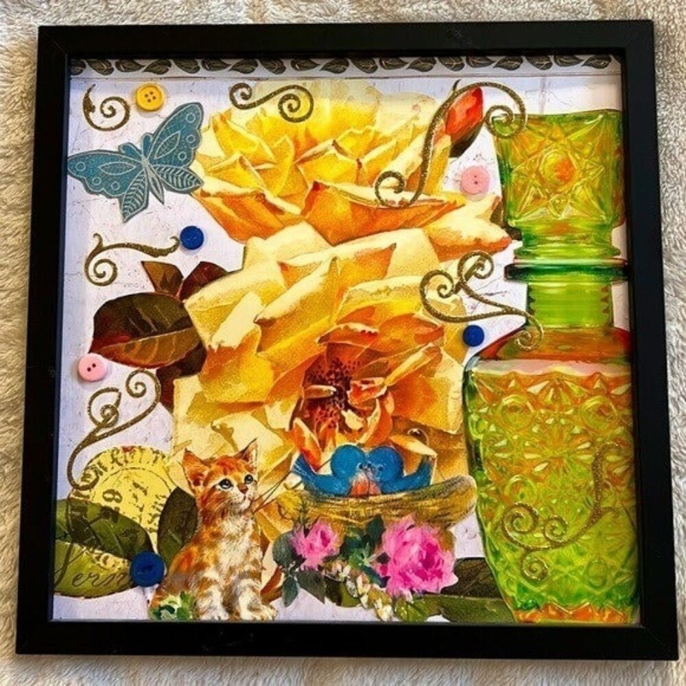 Green Glass Cat Birds & Floral Framed Picture Handmade Collage OOAK Wall Art